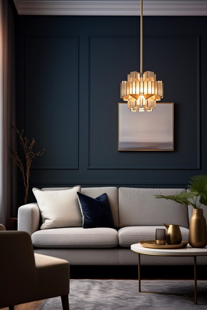 Statement lighting, such as a unique chandelier or decorative lamps, creating a moody ambiance.