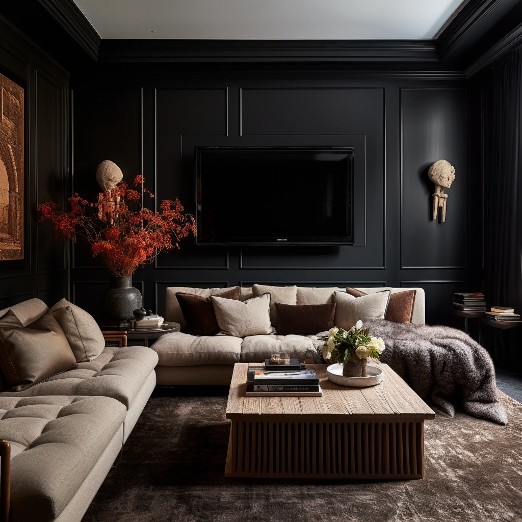 A photo of a living room showcasing a rich, dark color palette, with walls in deep hues like navy blue or forest green, complemented by jewel-toned accents.