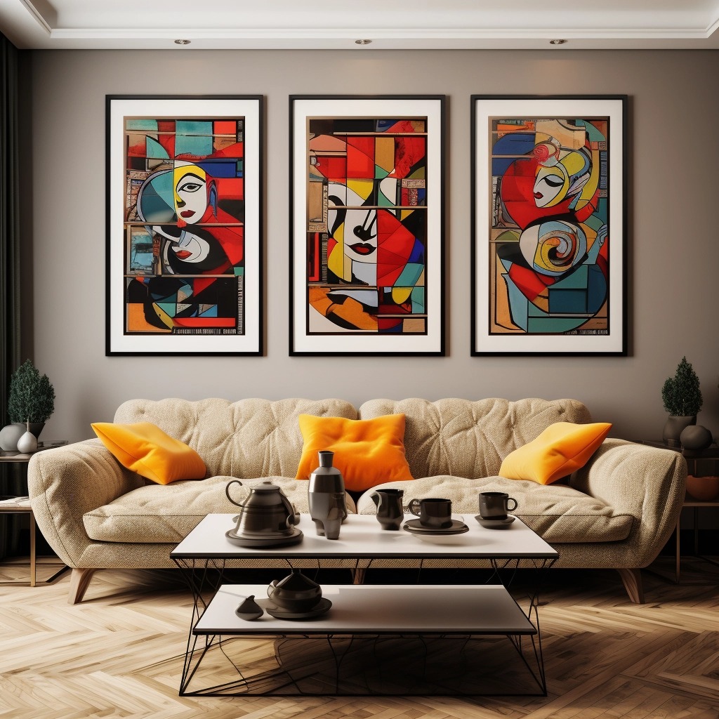 Bold art pieces on the walls and decorative metallic accents, like ornate mirrors or statement vases.