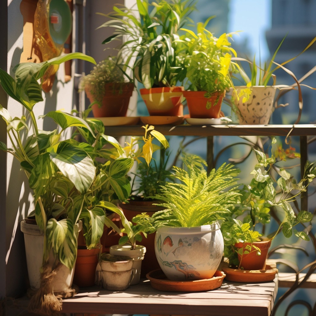 An image showing a balcony or patio space with a variety of container plants, including mixed planting in large containers and moveable pots, demonstrating the versatility of container gardening in small spaces.