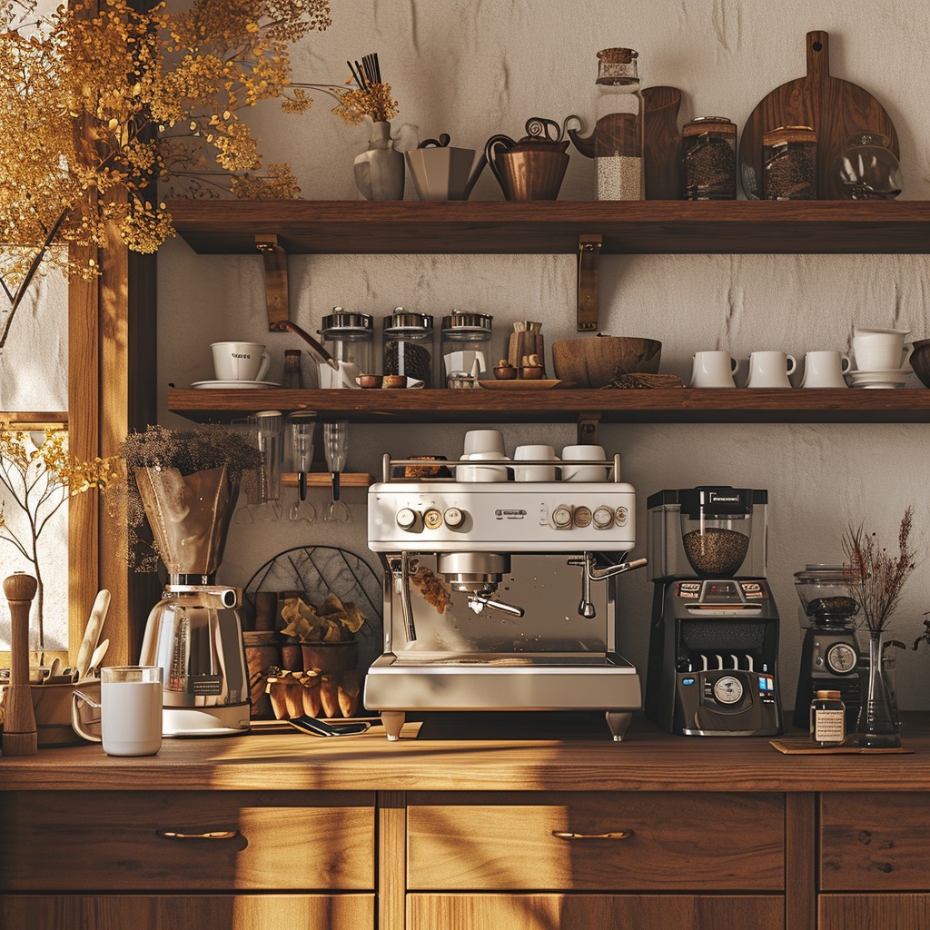An image of a beautifully arranged home coffee bar in a cozy home setting. This should feature a stylish coffee machine, a grinder, neatly arranged coffee cups, and a few decorative elements that create a warm, inviting atmosphere.