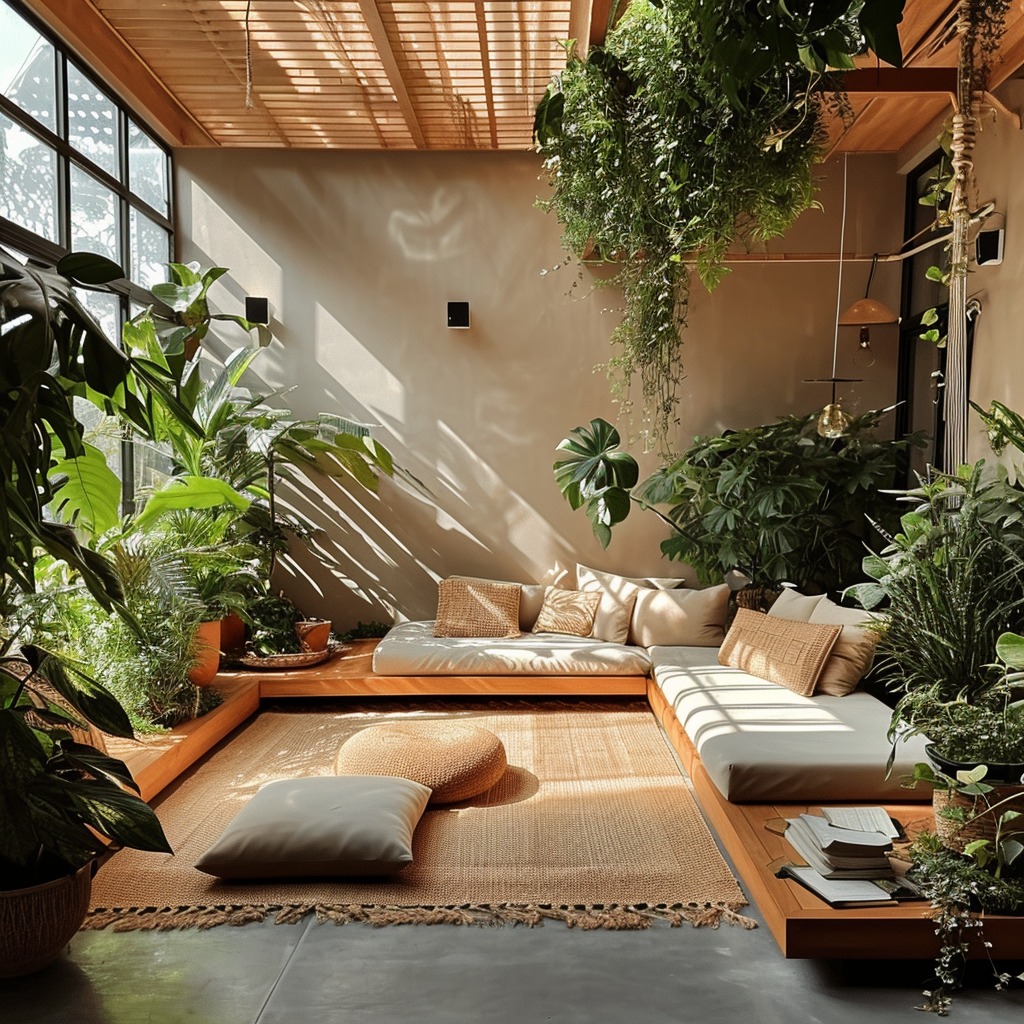 A room that beautifully integrates biophilic design elements, such as indoor plants, natural light, and a water feature, creating a serene and natural atmosphere.