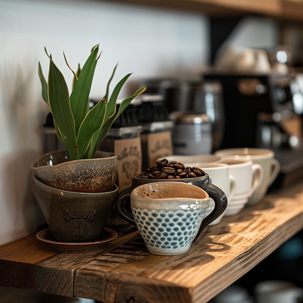 A close-up image showcasing the design elements of a home coffee bar. This could include a detailed view of the coffee bar with artistic touches like unique mugs, a small plant, and thematic decorations, emphasizing a personal style.