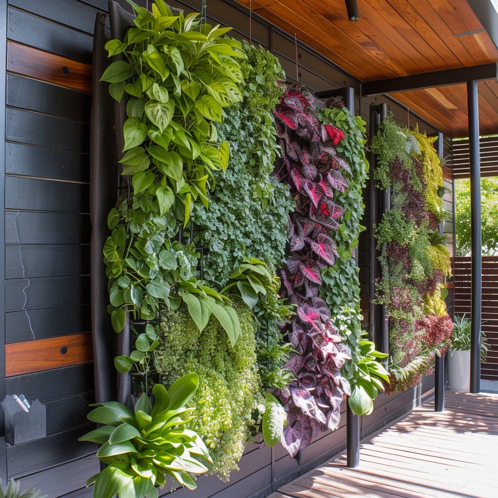A photo displaying a vertical garden on a balcony or patio wall, featuring a variety of plants in wall-mounted planters or a vertical planting system.