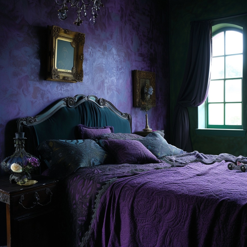 A bedroom that beautifully showcases a dark yet enchanting color palette, with walls in deep purples or midnight blues, accented by jewel tones.