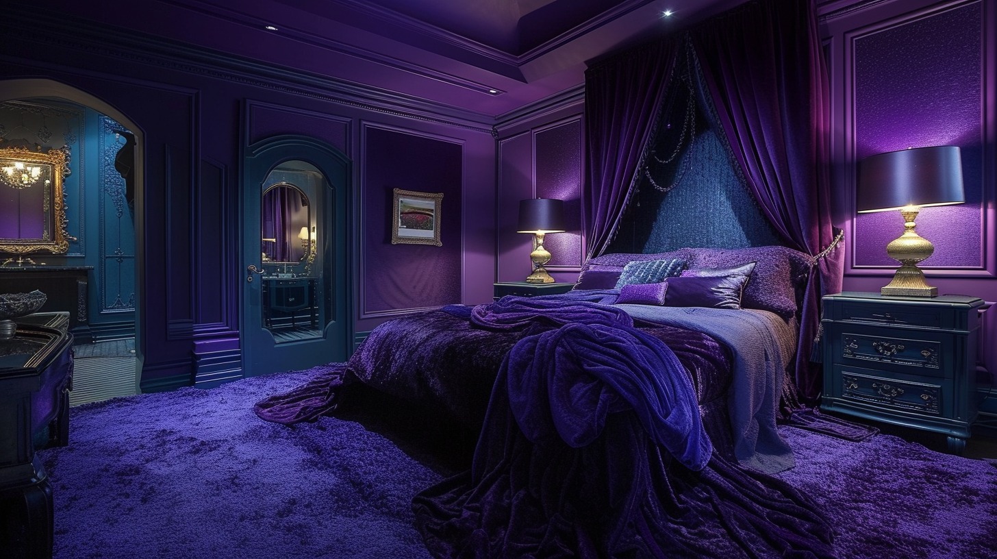 An image showcasing an overall view of a whimsy goth bedroom. The room should combine elements of dark elegance and mystical charm, featuring a rich color palette, gothic-inspired furniture, mystical decor, and luxurious fabrics, all contributing to a cohesive whimsical gothic aesthetic.