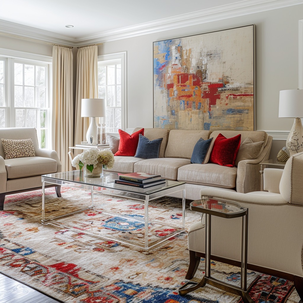 A photo showcasing a room with neutral furnishings and a rug featuring a bold pattern or vibrant color, illustrating how a rug can be a statement piece in a room.