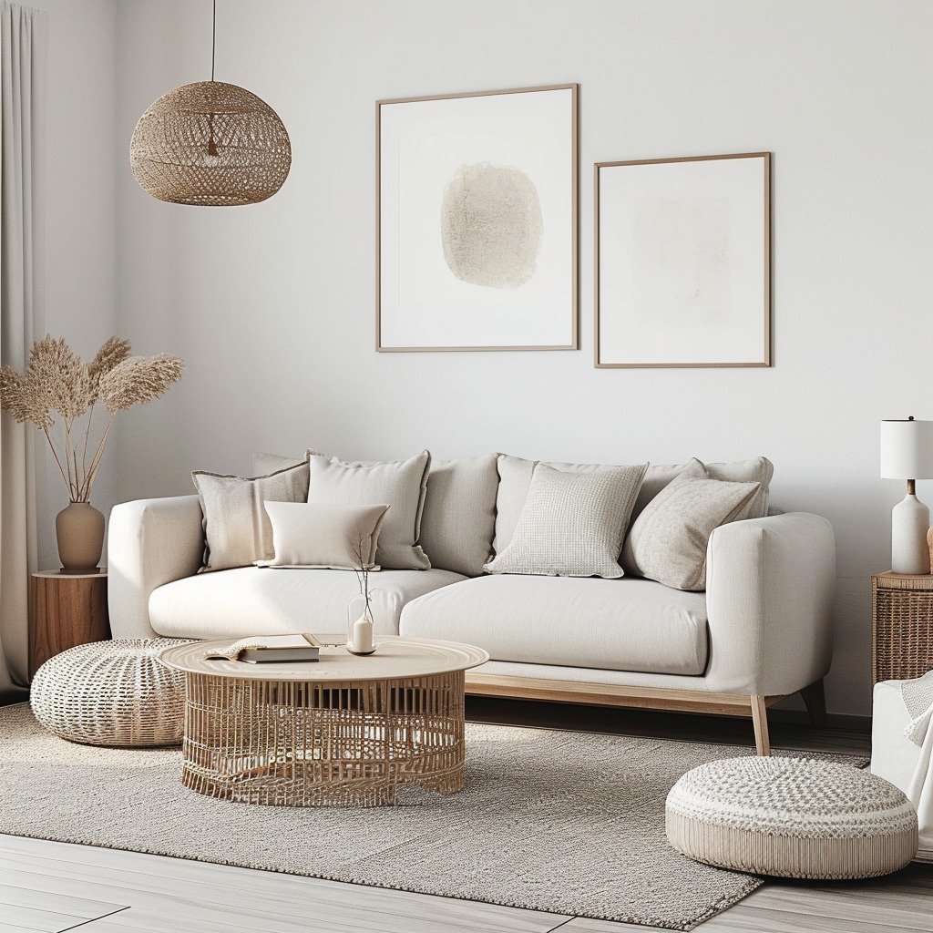 A beautifully arranged Scandinavian living room that embodies minimalism and functionality. The room should feature a neutral color palette, clean lines, and a clutter-free environment.