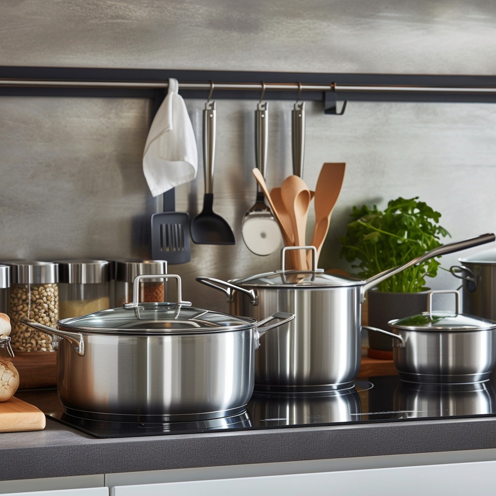 A photo showcasing a variety of high-quality cookware, such as stainless steel pots and cast iron pans, displayed in a well-organized, modern kitchen setting.