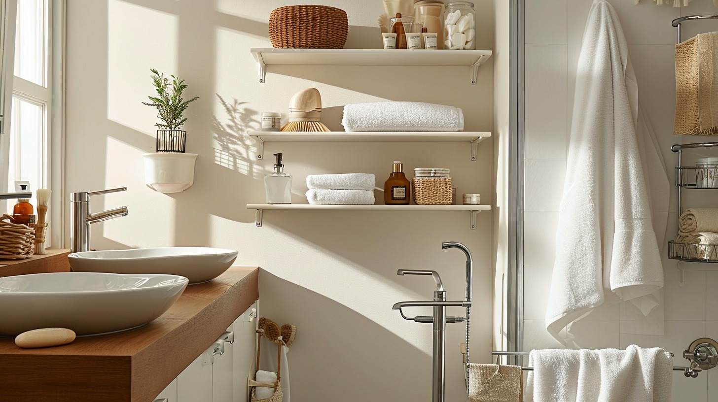 An image showcasing a small yet efficiently organized bathroom that incorporates several space-saving solutions. The room should feature a combination of smart storage options like wall-mounted shelves, corner units, and slim storage solutions, all contributing to a sense of spaciousness and order in a compact bathroom setting.