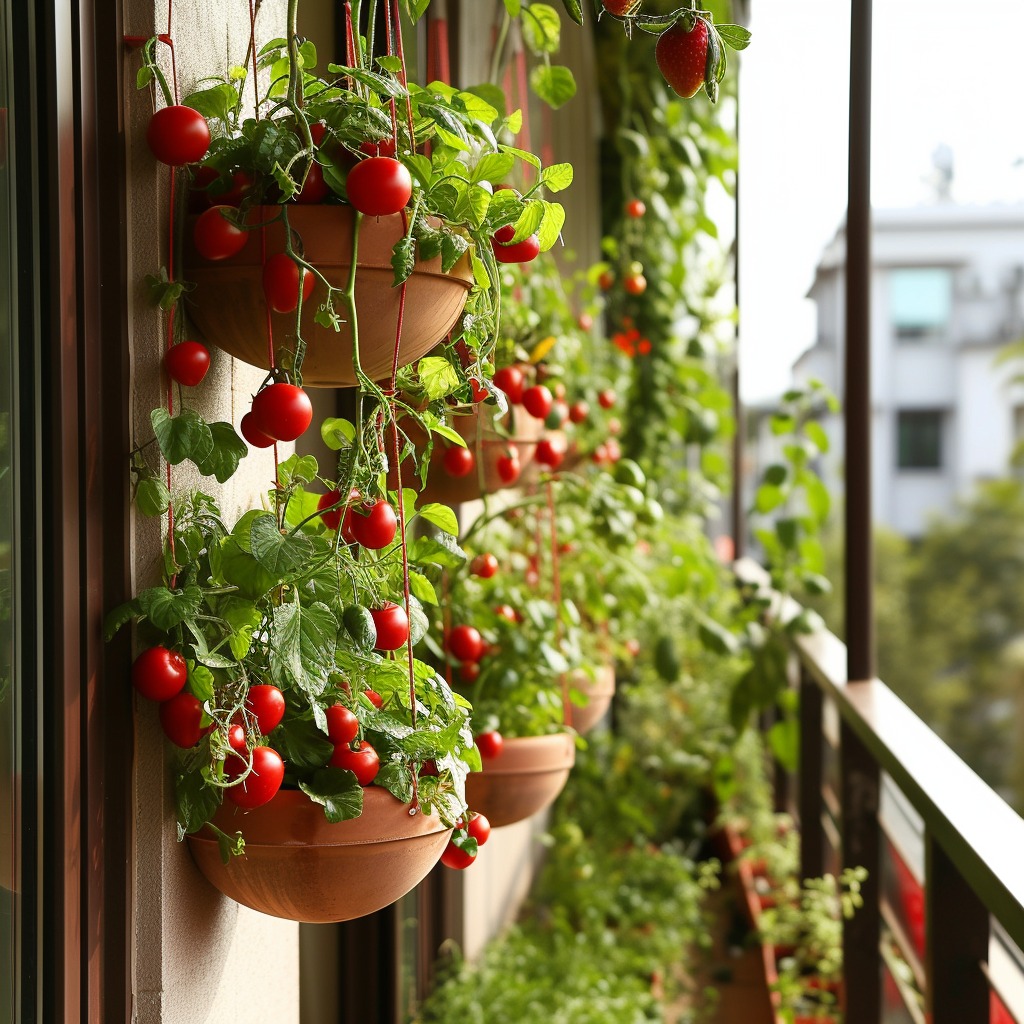 A photo showcasing a balcony garden with hanging planters filled with small vegetables like cherry tomatoes or strawberries, illustrating the concept of an edible garden in a small space.