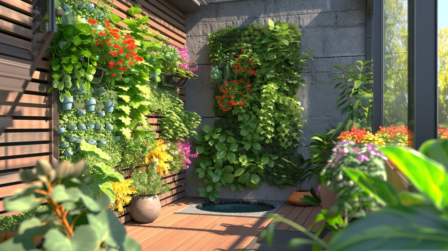 An image showcasing a beautifully arranged balcony or patio space that is brimming with a variety of plants.