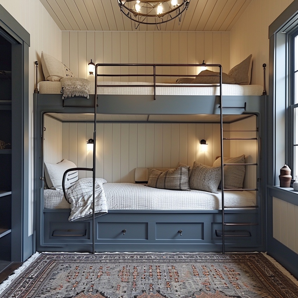 An image showcasing a well-designed bunk room that combines style with safety. The room should feature sturdy bunk beds with guard rails, an accessible ladder, and individual reading lights, set in a visually appealing layout.