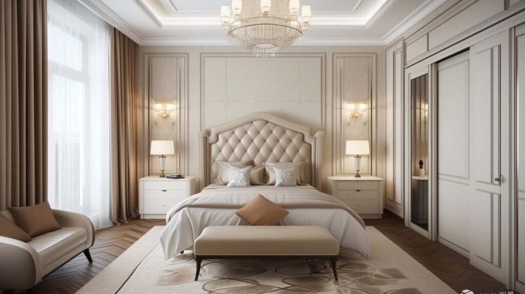 An image showcasing a beautifully designed bedroom that embodies the theme of the article. The room should feature a sophisticated color palette, elegant furniture, and personalized decor, all coming together to create a space that is both stylish and timeless, appealing to grown women.