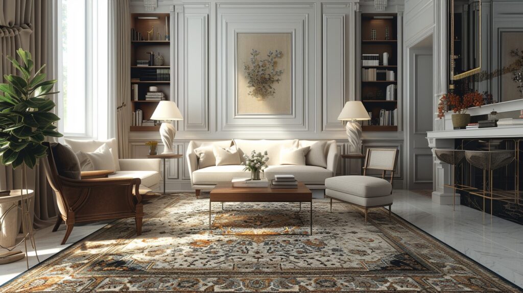 An image that features a beautifully designed room where the rug is the focal point.