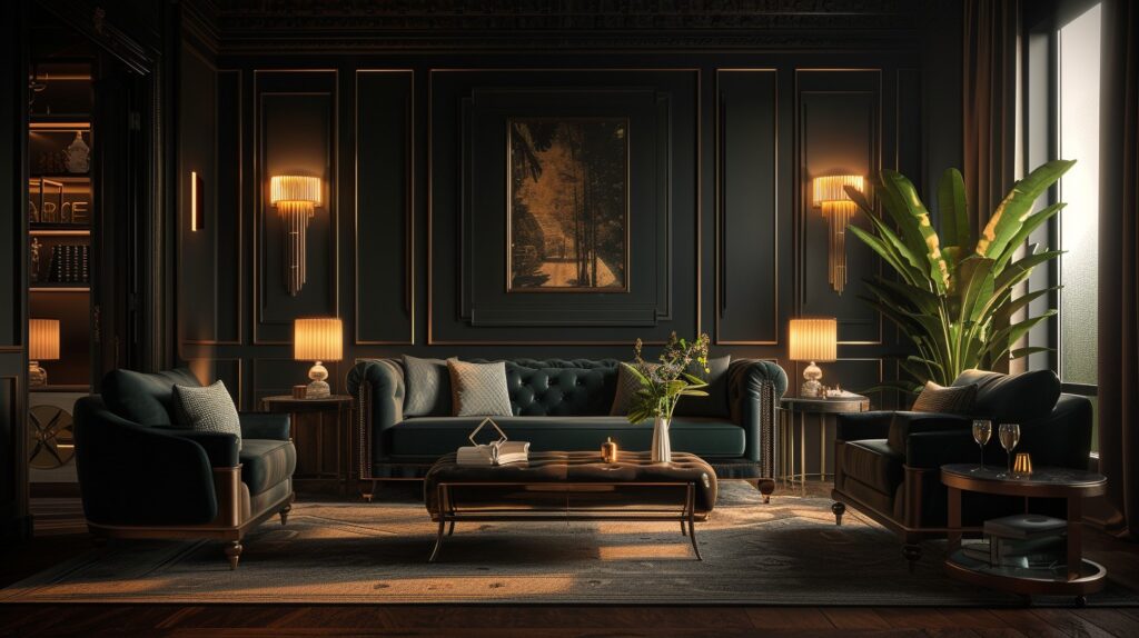 An image showcasing a beautifully designed living room that embodies the essence of chic darkness.