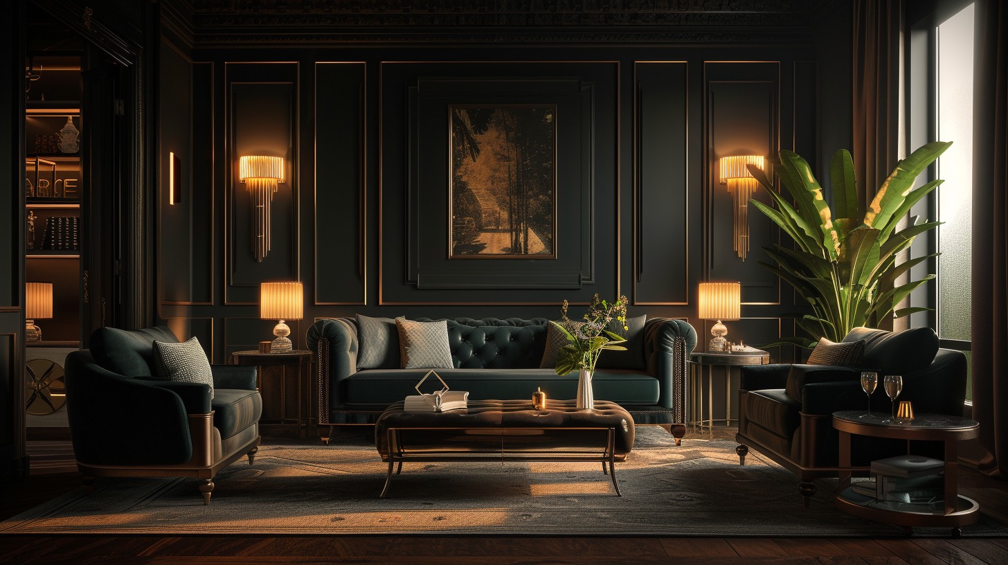 An image showcasing a beautifully designed living room that embodies the essence of chic darkness.