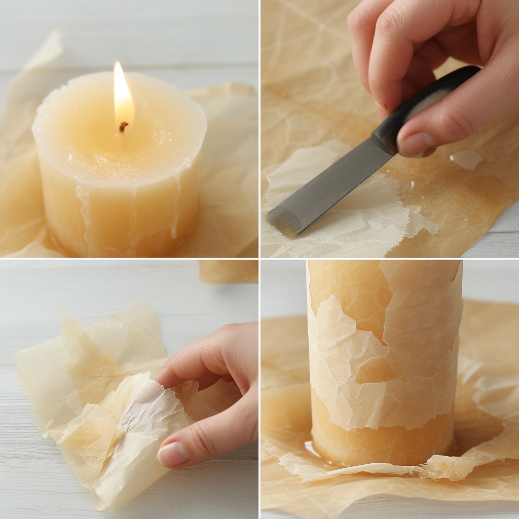 A visual depiction of the process of removing candle wax from fabric, showing the wax being frozen, scraped, and then ironed over with a paper towel.