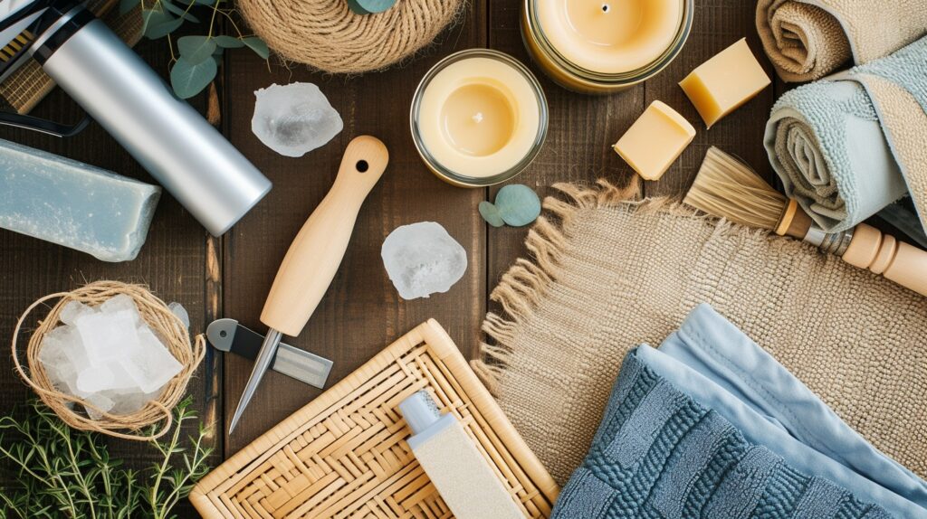 An image showcasing a collection of tools and materials used for removing candle wax, such as a hairdryer, ice pack, butter knife, iron, and paper towels, displayed alongside various surfaces like fabric, wood, glass, and carpet. This composition should visually represent the diverse methods and surfaces discussed in the article.