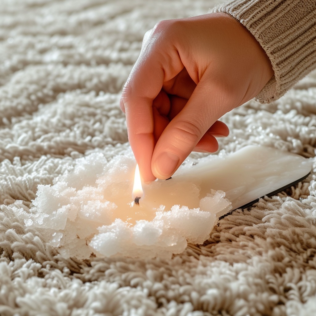 An image illustrating the method of removing candle wax from a carpet, highlighting the steps of freezing the wax, scraping it off, and applying a carpet cleaner.