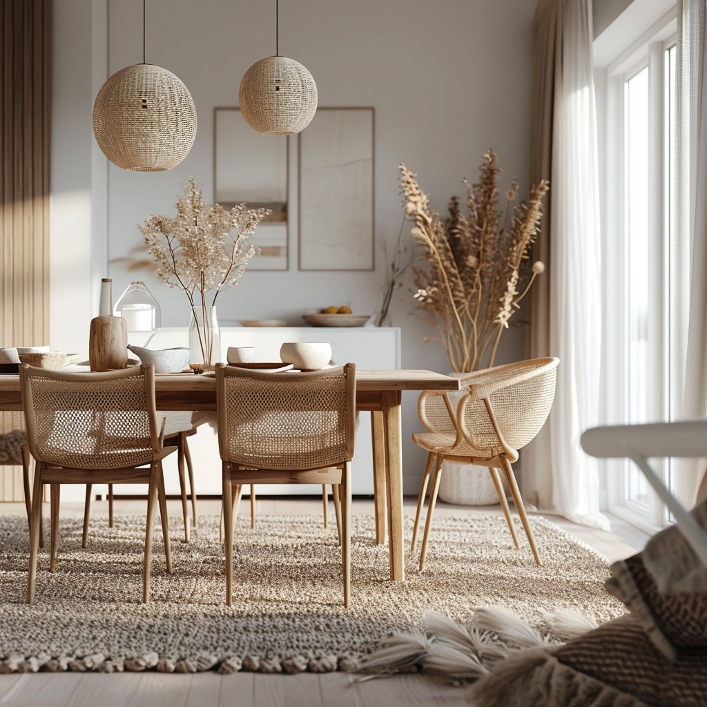 An image showcasing a room that beautifully integrates natural materials like wood, wool, or cotton. This could include wooden furniture, woolen throws, or cotton curtains, emphasizing the connection to nature in Scandinavian design.