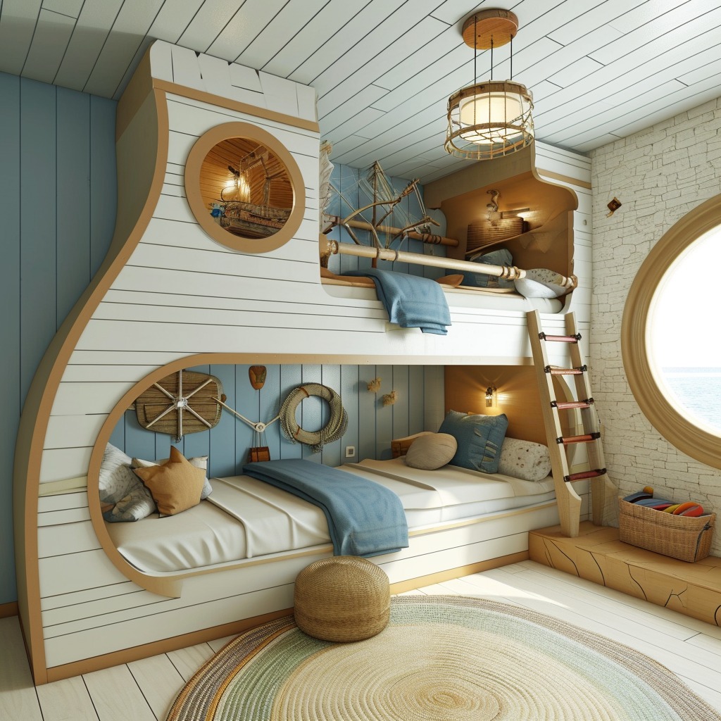 A bunk room decorated with a creative theme, such as a nautical or adventure style. The image should show how thematic decor can make the space more engaging and fun, especially for kids.