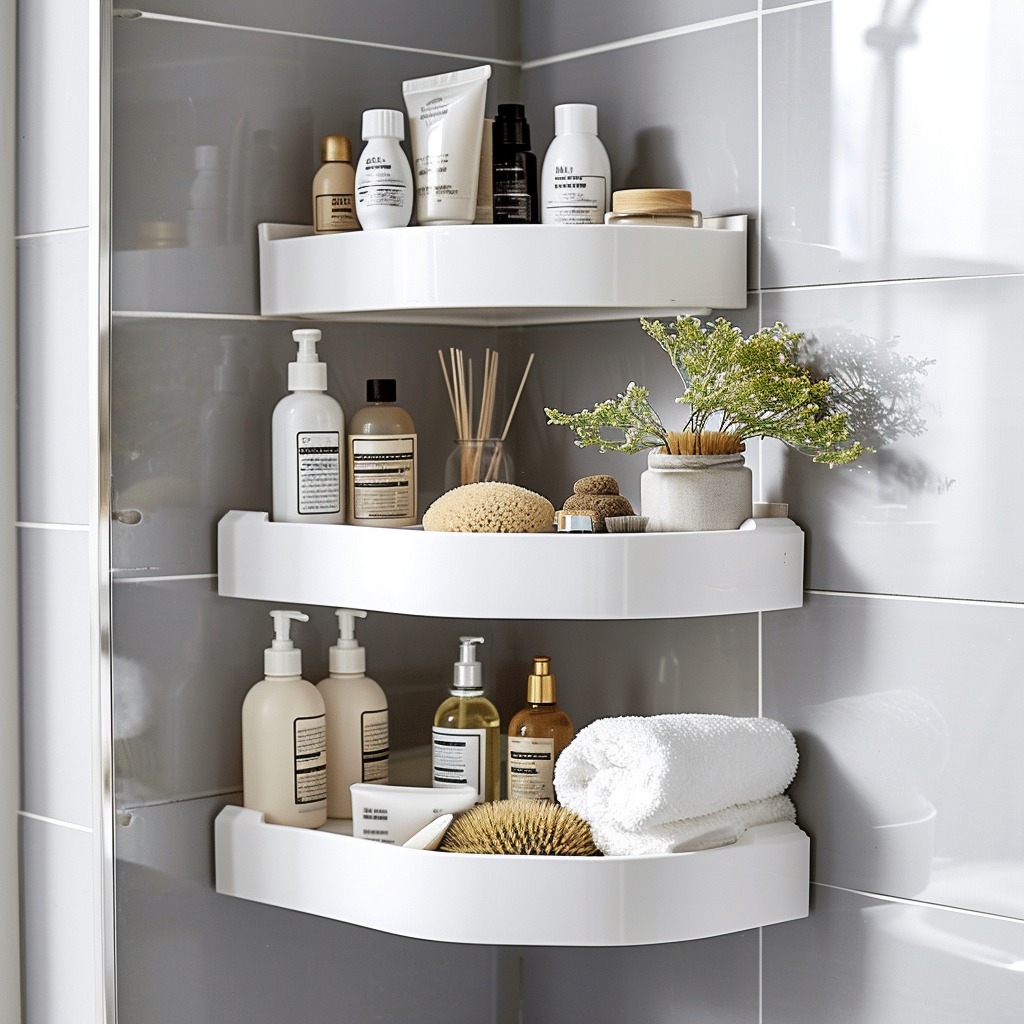 An image of a bathroom corner efficiently utilized with corner shelves or a corner shower caddy holding various bath products.