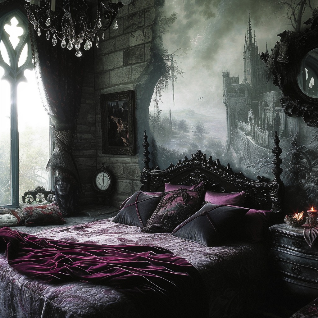 An image depicting a bedroom with mystical and gothic decor elements, such as velvet pillows, lace fabrics, and thematic wall art.