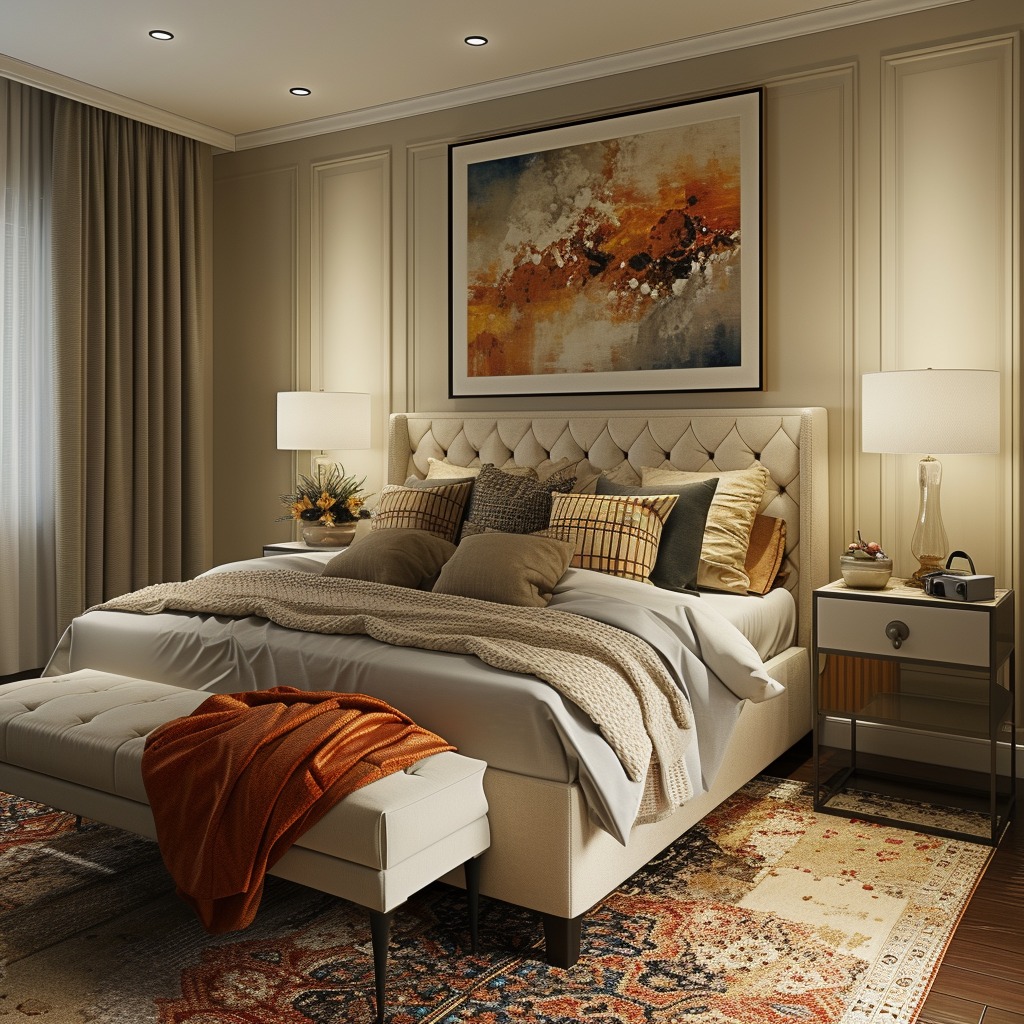 An image of a bedroom that beautifully displays personalized art and decor, such as contemporary prints or classic paintings, along with stylish decorative accents like a unique lamp or chic rug.