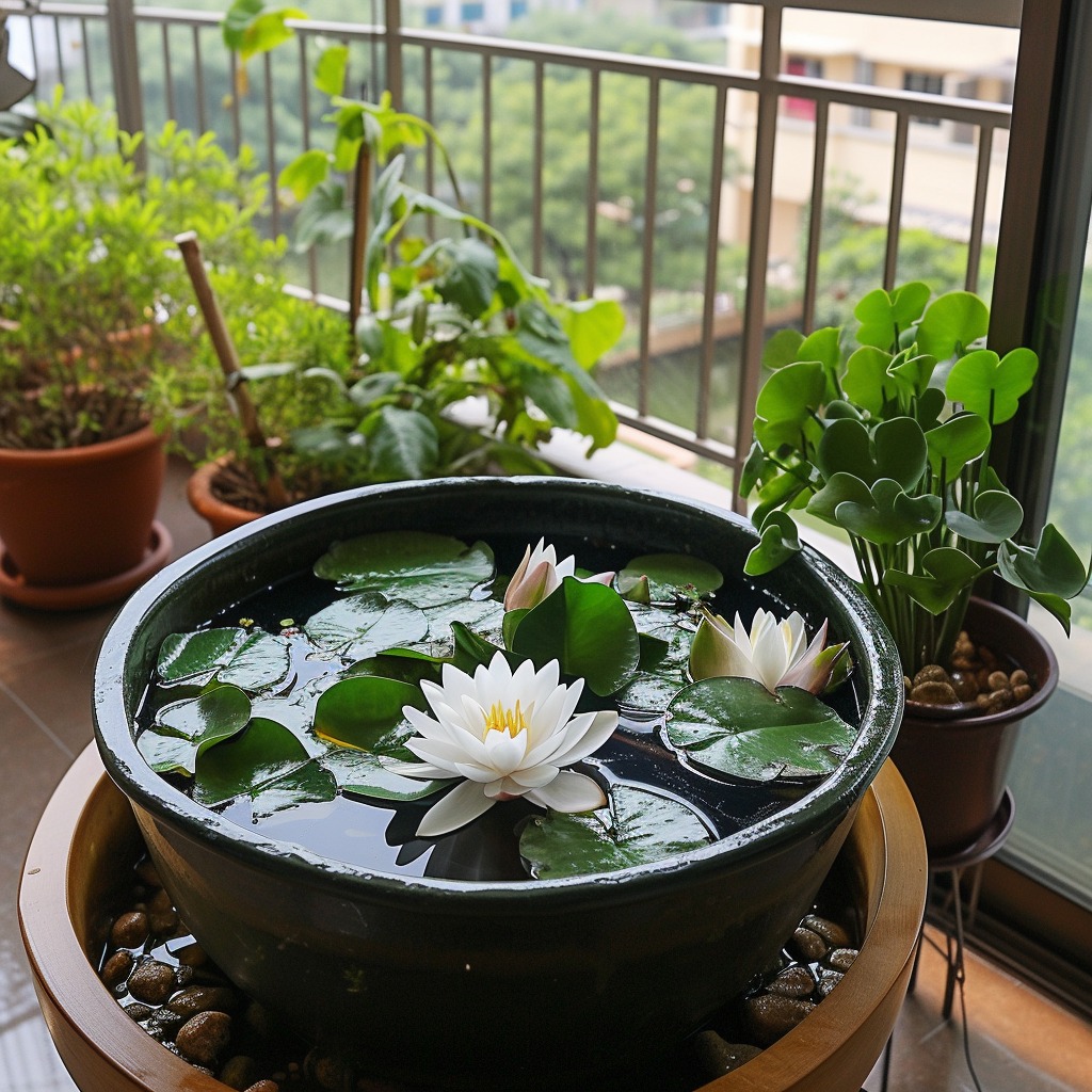 An image depicting a tranquil balcony water garden, featuring a container with water lilies or lotus, creating a peaceful and serene balcony atmosphere.