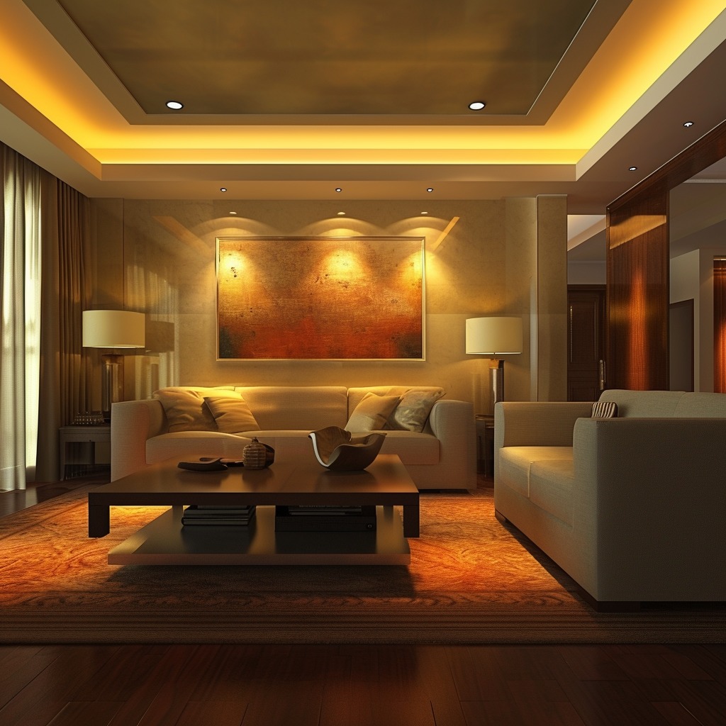 An image showcasing a living room with layered lighting, including ambient, task, and accent lights, to illustrate how lighting can enhance the room's functionality and aesthetics.
