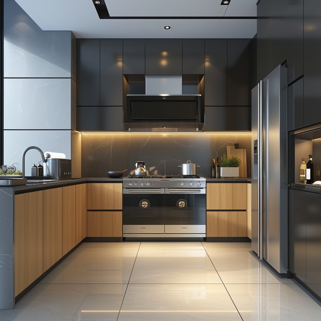 An image depicting a modern kitchen equipped with professional-grade appliances like a high-performance range and a convection oven, emphasizing the upscale, functional aspect of a chef-worthy kitchen.