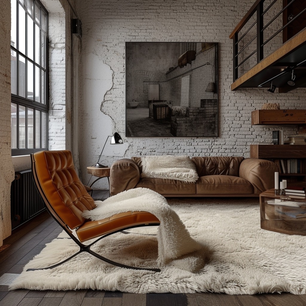 An image depicting a room where different textures are mixed, such as a shaggy rug paired with leather or wooden furniture, showcasing the impact of texture in rug selection.