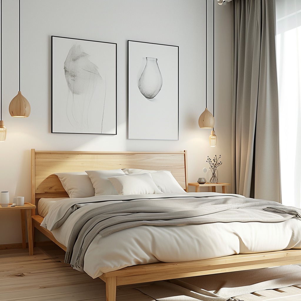 A Scandinavian-style bedroom that is simple yet impactful. The room should have a serene and peaceful ambiance, with minimalist artwork, functional accessories, and soft lighting.