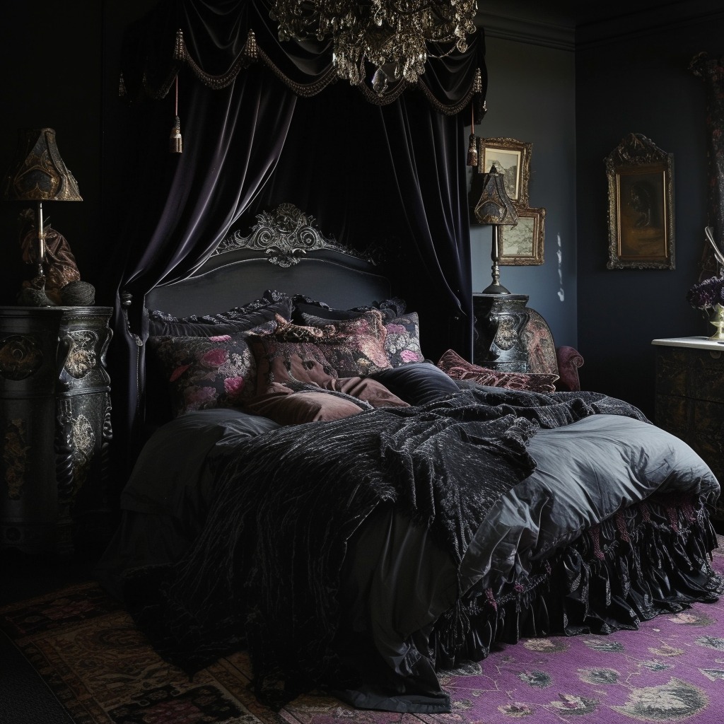 A photo of a bed that is the epitome of whimsy goth luxury, with dark, rich fabrics, and an array of plush pillows and throws.