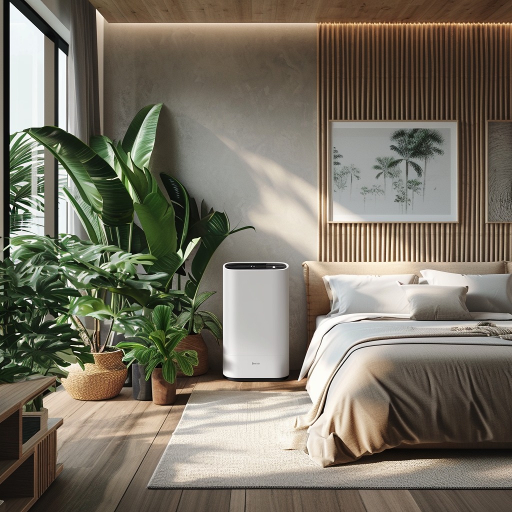 An image of a bedroom with elements that enhance air quality, like an air purifier or indoor plants, contributing to a healthy and restful sleeping environment.