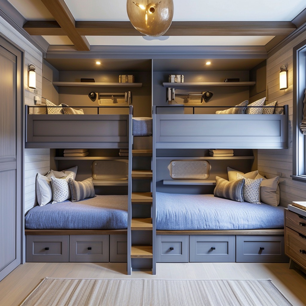  A bunk room that demonstrates flexibility and adaptability in its design. This could include modular bunk beds that can be reconfigured, or a room that serves multiple purposes, like doubling as a study area.