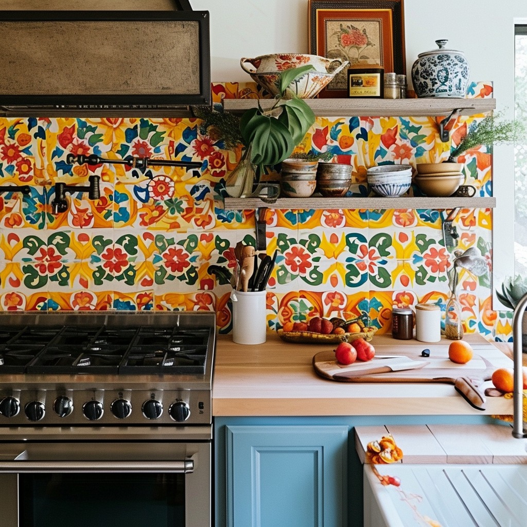 A photo of a kitchen featuring a bold and colorful backsplash, showing how this addition can serve as a statement piece in kitchen decor.