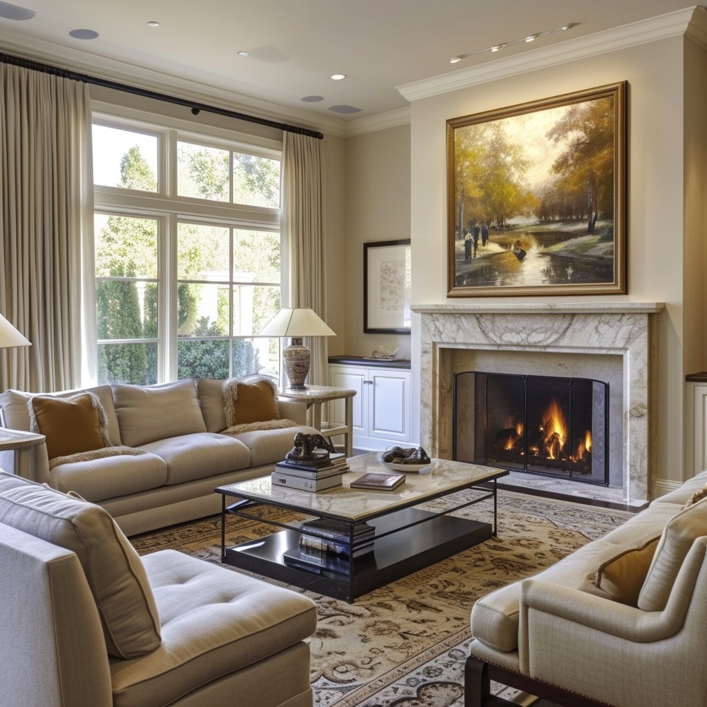  A photo of a living room designed around a focal point, such as an art piece, fireplace, or a stunning view, demonstrating how a focal point can anchor the room's decor.