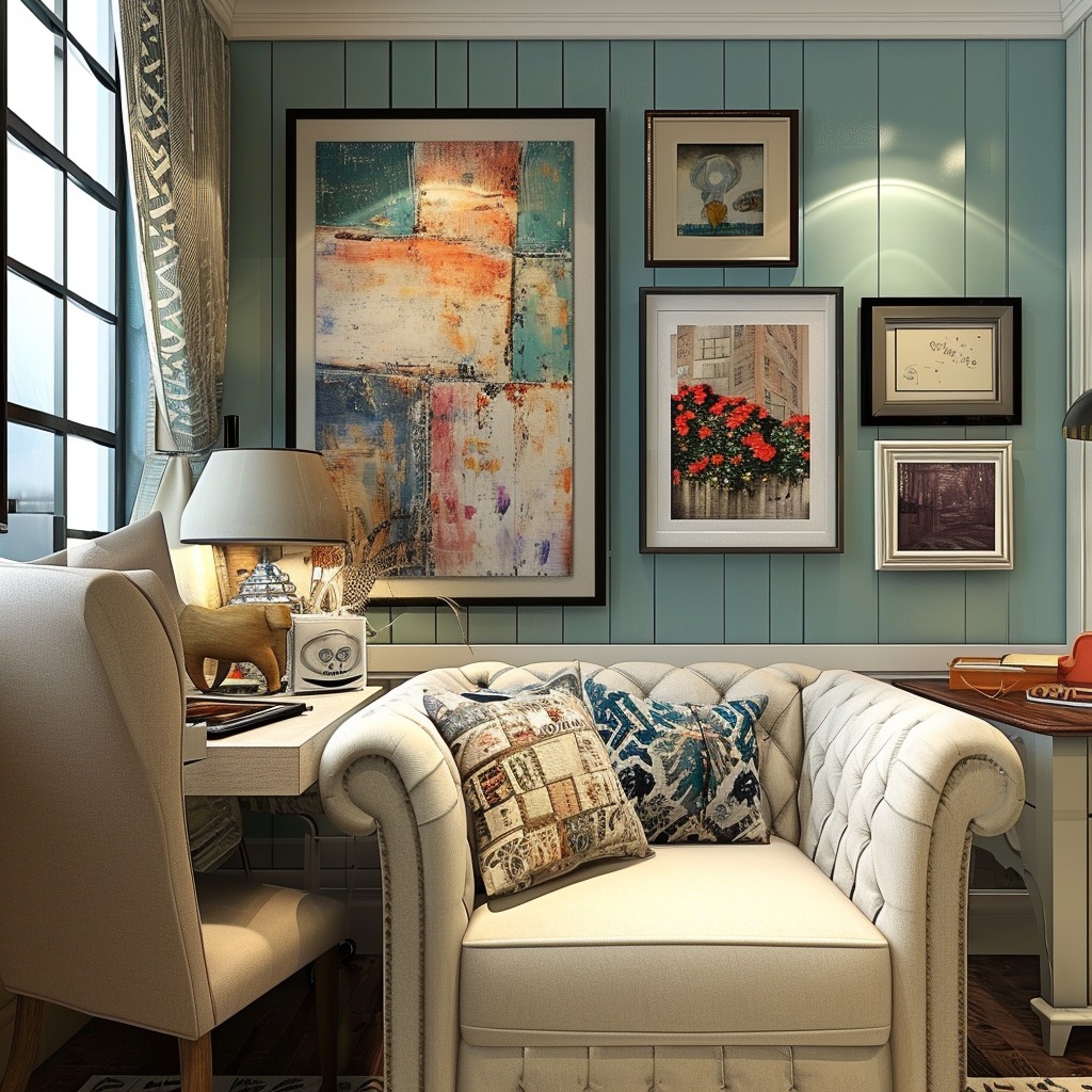 A room that is personalized with items like family photos, memorabilia, art, and DIY elements, demonstrating how personalization in interior design can foster comfort and emotional well-being.