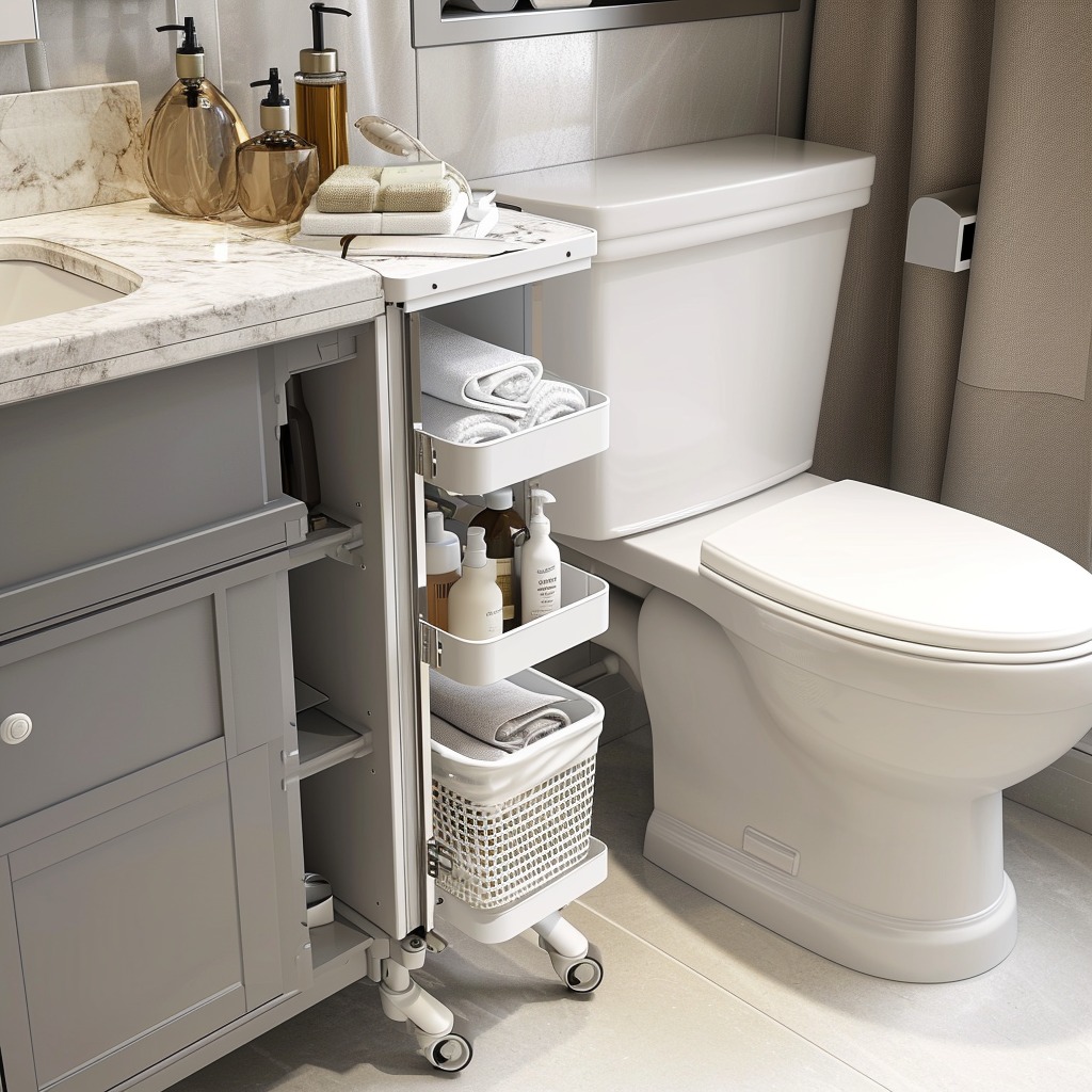 A photo of a slim, narrow rolling shelf fitting snugly between the toilet and vanity, demonstrating an innovative storage solution for tight spaces.