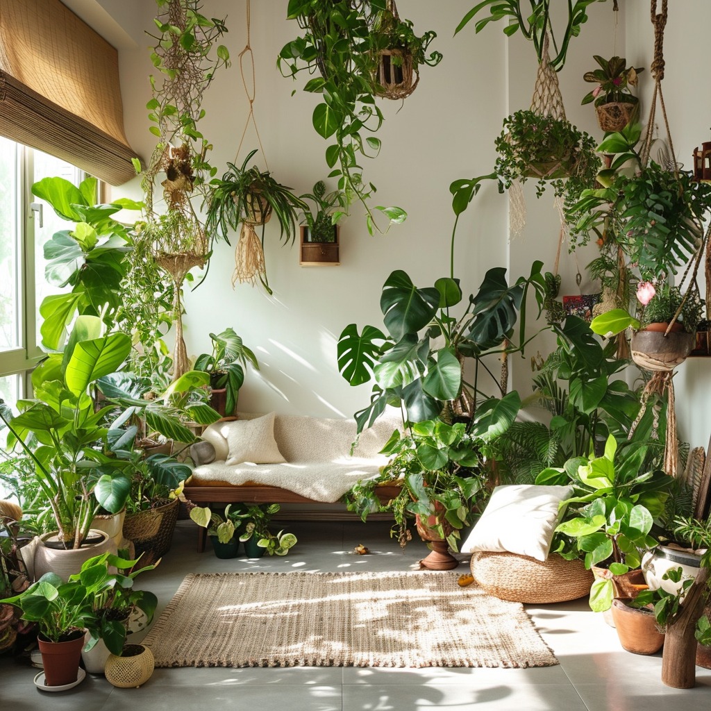 A lush, healthy indoor garden scene showcasing a variety of houseplants in a bright, well-lit room. The plants look vibrant and pest-free, illustrating the ideal result of effective pest control.