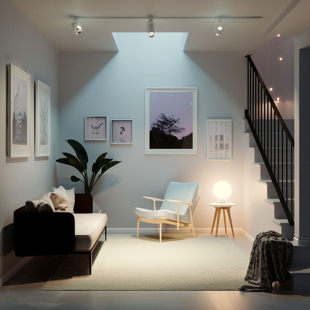 An image of a windowless room that is brightly lit with various light sources, showcasing how layered lighting can create a warm and inviting atmosphere.