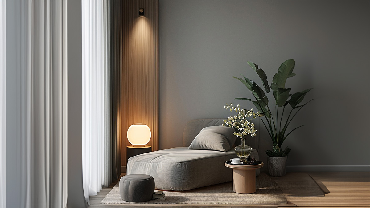 An image that captures a room embodying the principles of mental health-friendly interior design. This should be a space that feels tranquil and soothing, with elements like balanced colors, natural light, and serene decor, visually representing the positive impact of interior design on mental well-being.