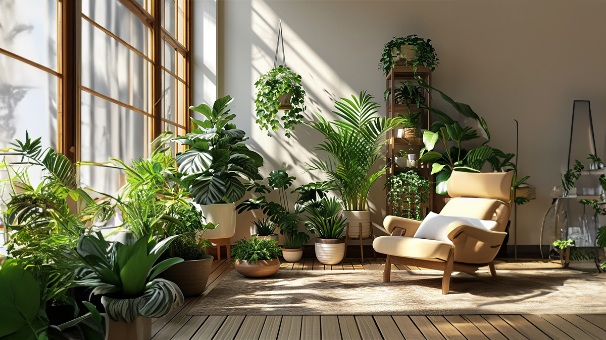 This image portrays a variety of healthy houseplants in a cozy, well-decorated room, showcasing an ideal indoor gardening environment.