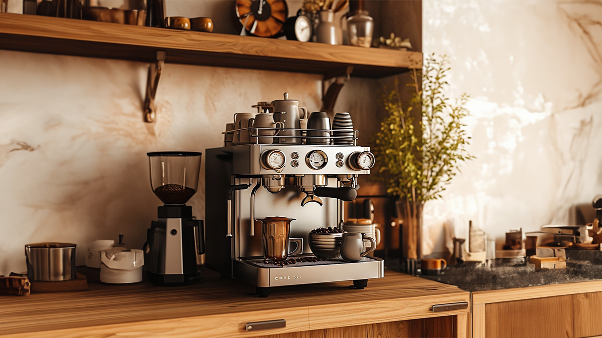 view of a home coffee bar setup. This image should feature a well-organized coffee bar area in a home setting,