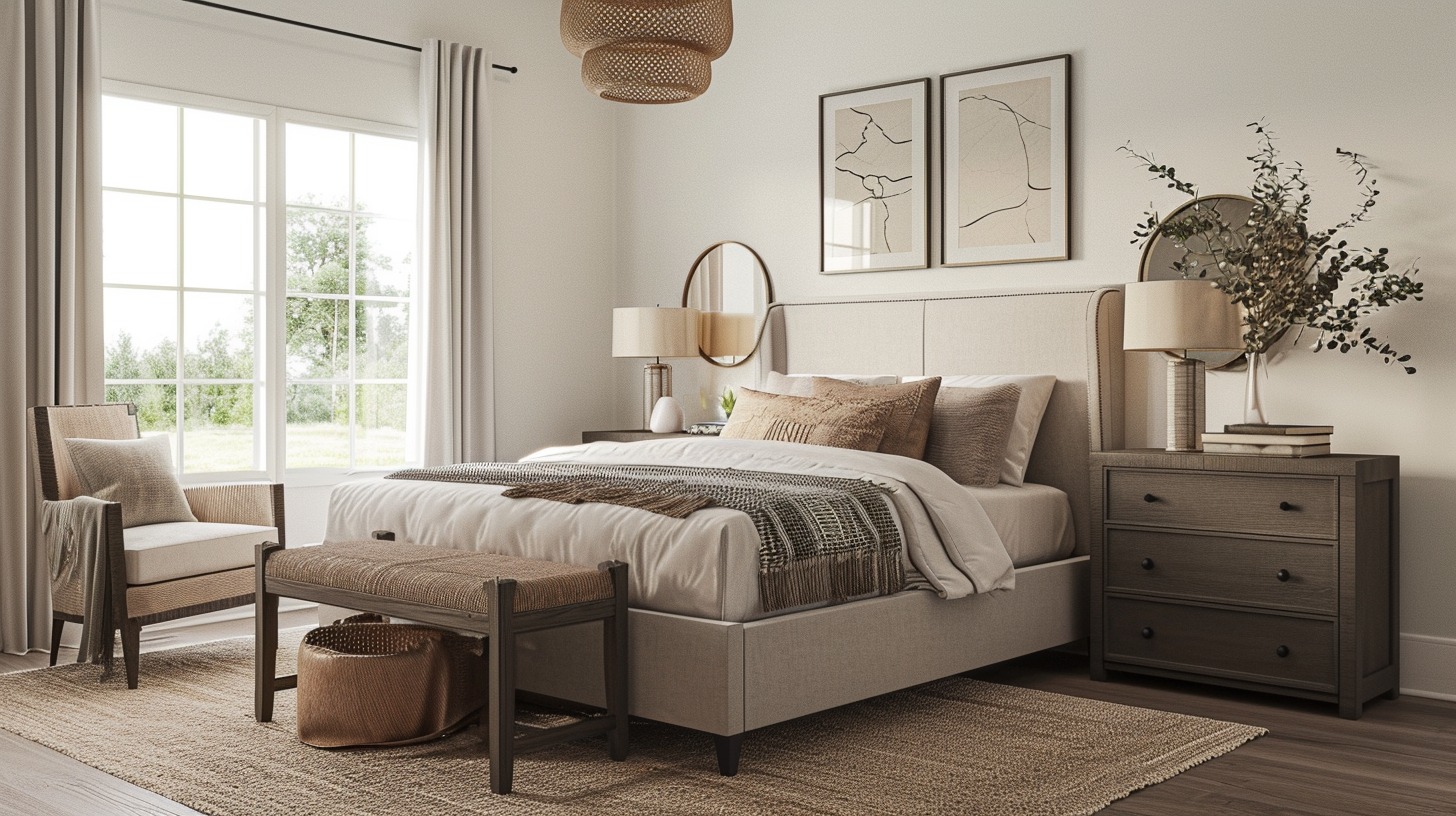 An image showcasing a beautifully designed bedroom that strikes the perfect balance between comfort and functionality. The room should feature a stylish and inviting bed, well-organized storage solutions, and a harmonious color scheme, embodying the ideal blend of the article's key themes.