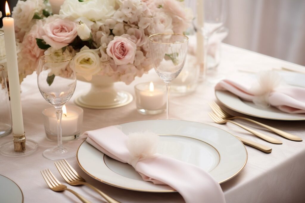 A photo of an elegantly set table for a romantic Valentine's dinner, featuring neutral tableware, simple centerpieces, and a sophisticated, understated style.