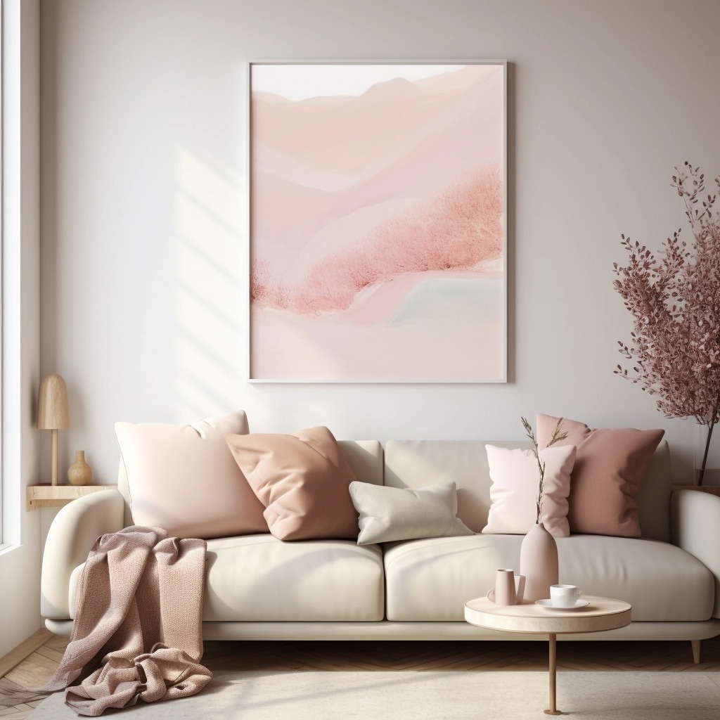A photo of a living room or bedroom decorated in a soft, neutral color palette, featuring warm whites and creams, accented with subtle pastel touches.