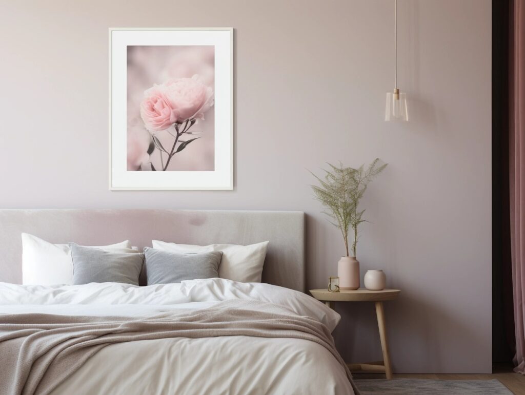 a white art frame near the bed 